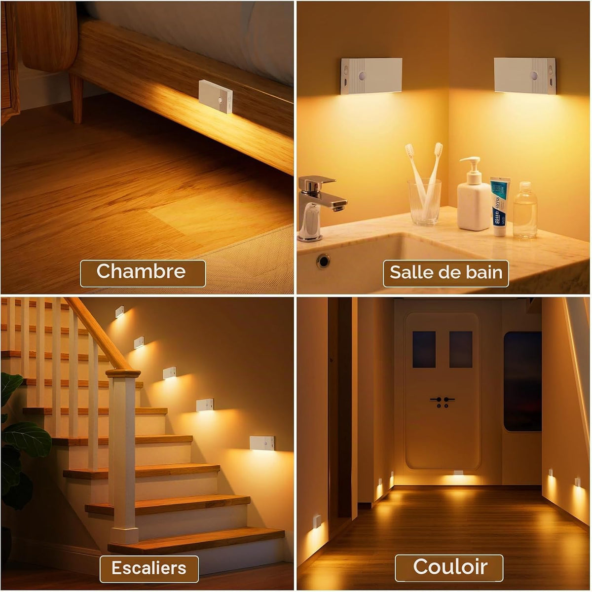 Veilleuse Détecteur de Mouvement,Lot de 4 Veilleuses LED Rechargeables avec 3 Modes(AUTO/OFF/ON),2700K Lampe Detecteur de Mouvement Interieur pour Escaliers,Couloirs, Armoire,Chambre