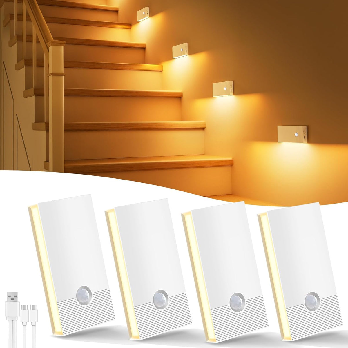 Veilleuse Détecteur de Mouvement,Lot de 4 Veilleuses LED Rechargeables avec 3 Modes(AUTO/OFF/ON),2700K Lampe Detecteur de Mouvement Interieur pour Escaliers,Couloirs, Armoire,Chambre