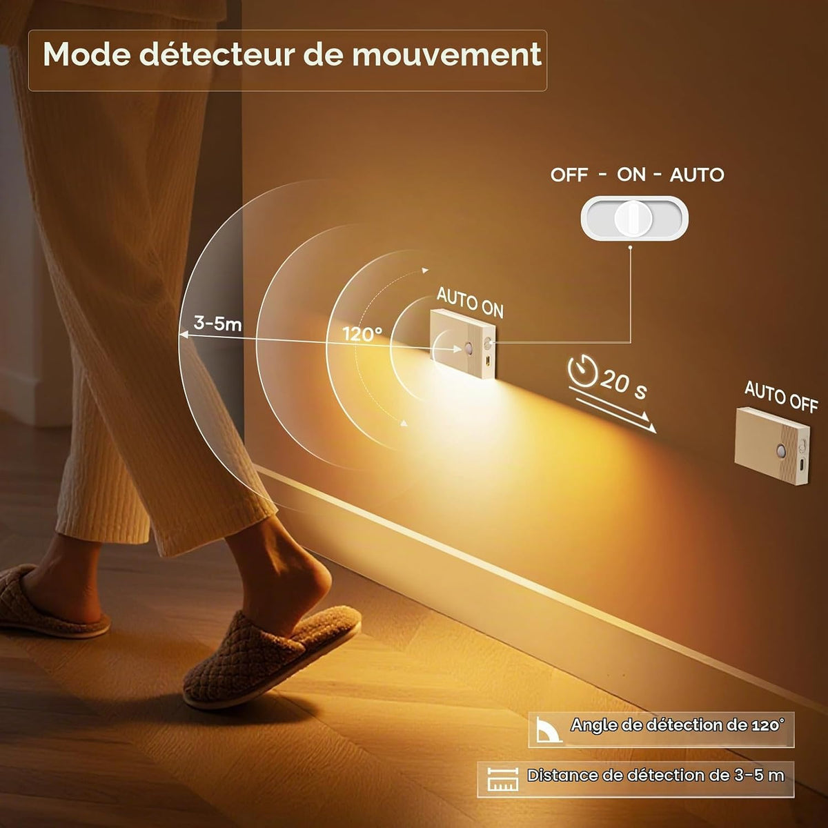 Veilleuse Détecteur de Mouvement,Lot de 4 Veilleuses LED Rechargeables avec 3 Modes(AUTO/OFF/ON),2700K Lampe Detecteur de Mouvement Interieur pour Escaliers,Couloirs, Armoire,Chambre