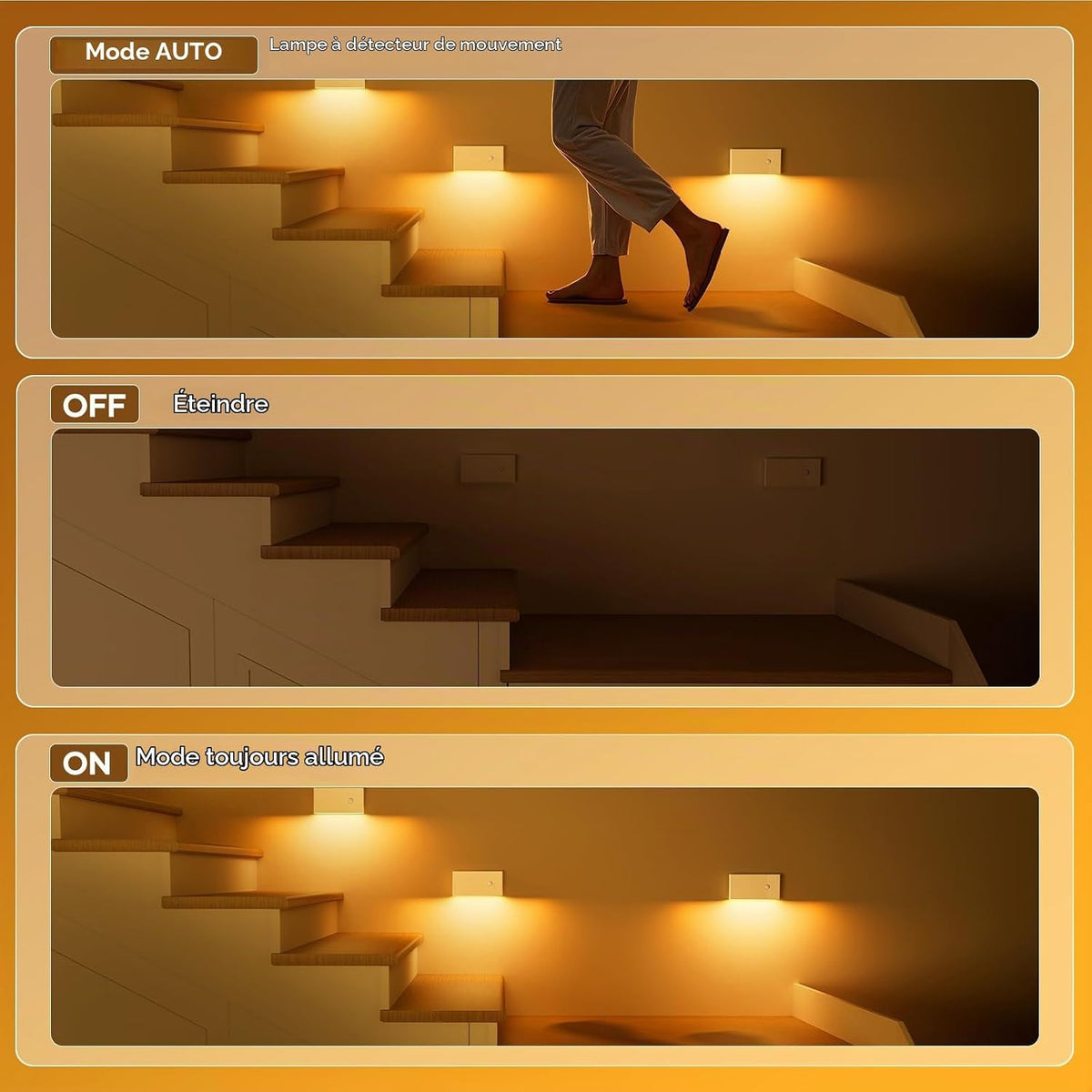 Veilleuse Détecteur de Mouvement,Lot de 4 Veilleuses LED Rechargeables avec 3 Modes(AUTO/OFF/ON),2700K Lampe Detecteur de Mouvement Interieur pour Escaliers,Couloirs, Armoire,Chambre
