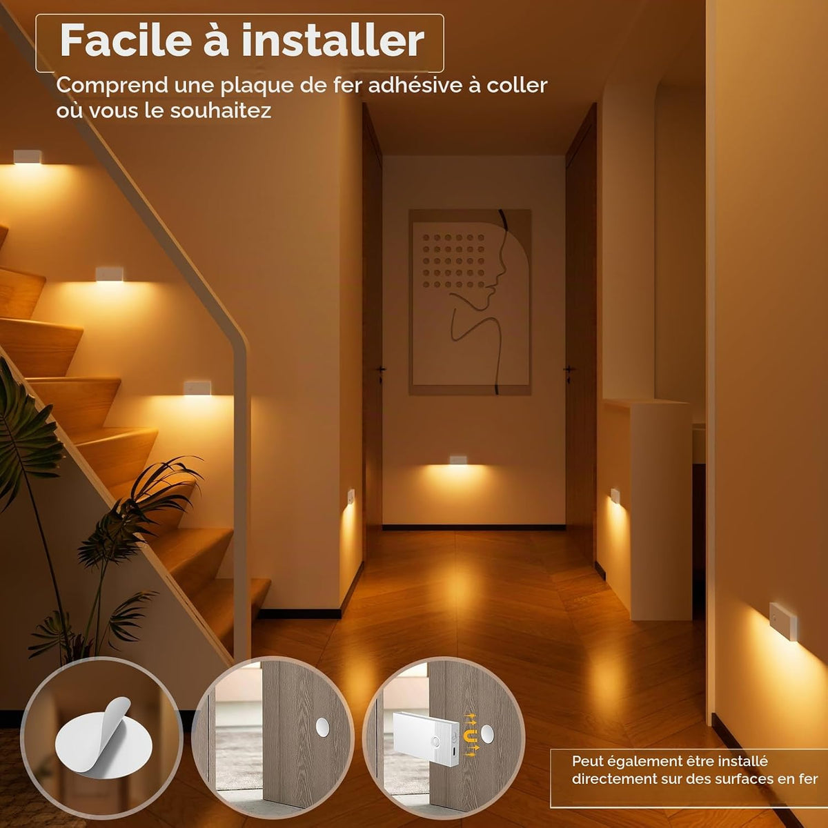 Veilleuse Détecteur de Mouvement,Lot de 4 Veilleuses LED Rechargeables avec 3 Modes(AUTO/OFF/ON),2700K Lampe Detecteur de Mouvement Interieur pour Escaliers,Couloirs, Armoire,Chambre